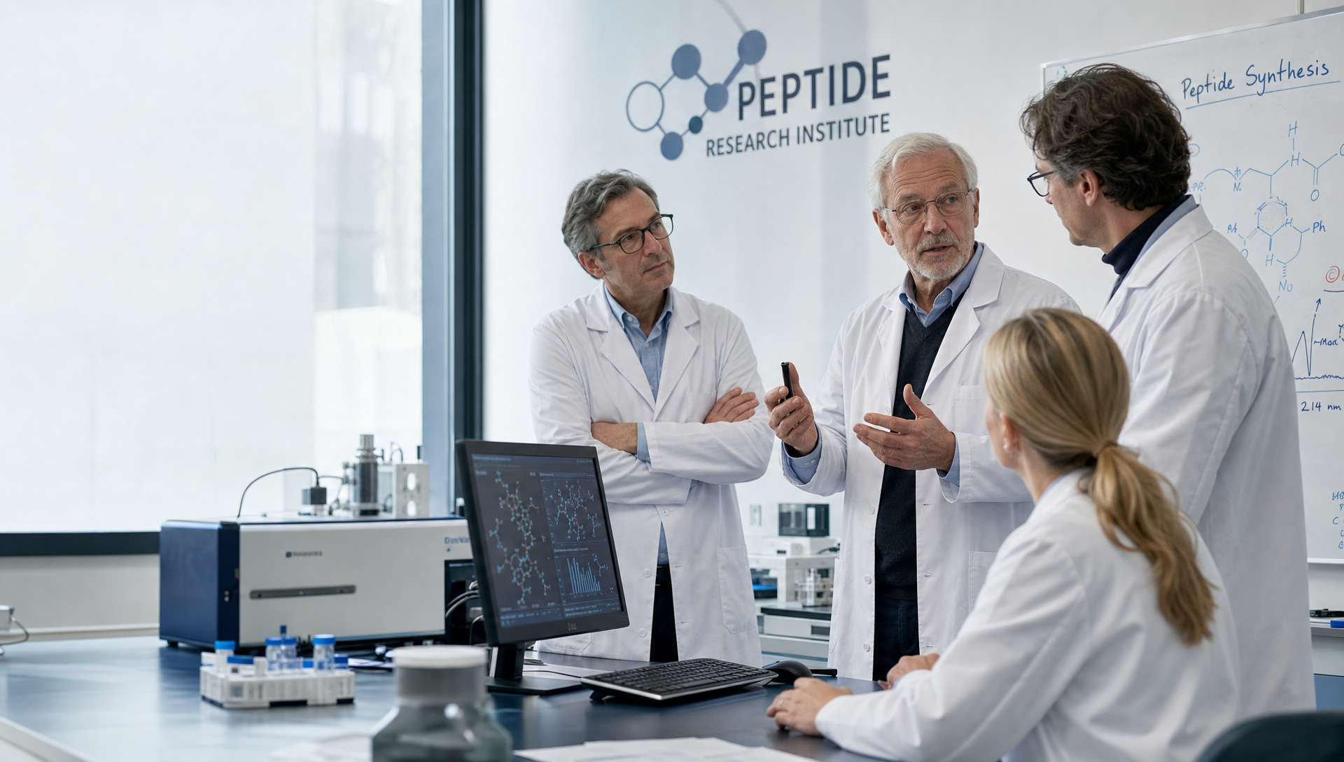 Peptide research institute team reviewing laboratory research