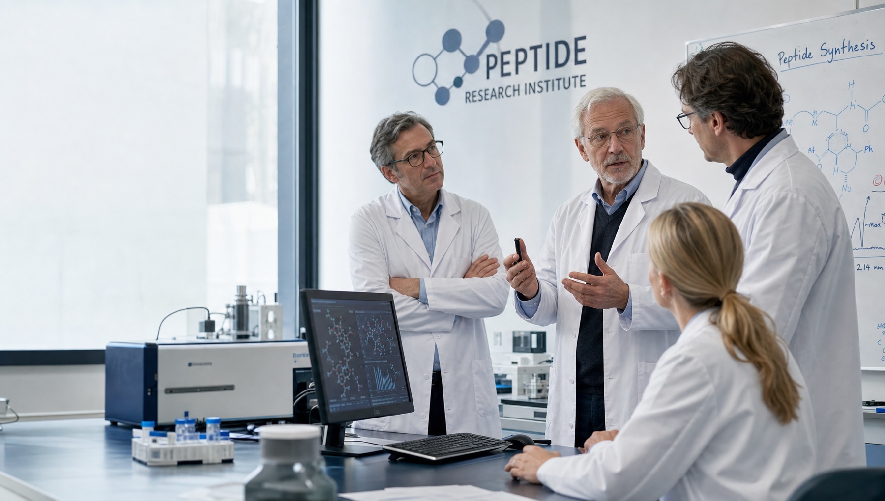 Peptide research institute team reviewing laboratory research