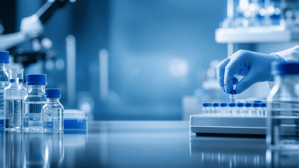 Animated laboratory research vials in a cool blue lab setting